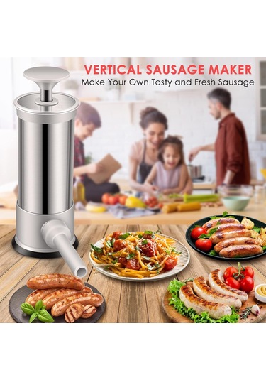 Gajeena Evde Farklı Boyutlarda Sosis Yapmak İçin 4 Farklı Dolgu Borulu Büyük Kapasiteli Evsel Sosis Makinesi Gümüş