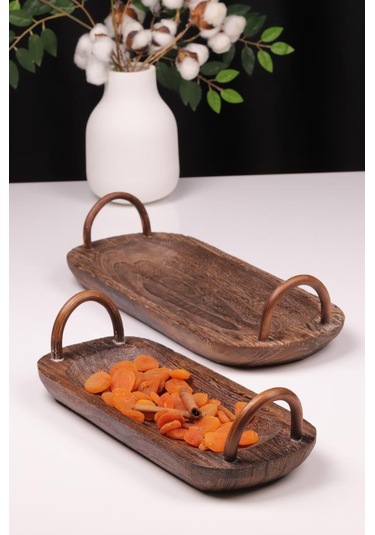 Bambum 2 Parça Pavlonya Darkwood Ahşap Sunum Seti Kulplu Dikdörtgen Servis Tabakları Ahşap