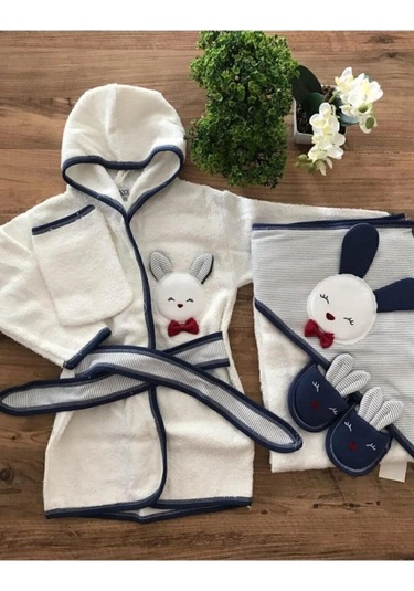 Kulaklı Tavşanlı Bebek Bornoz Seti Lacivert Beyaz Lacivert - Beyaz