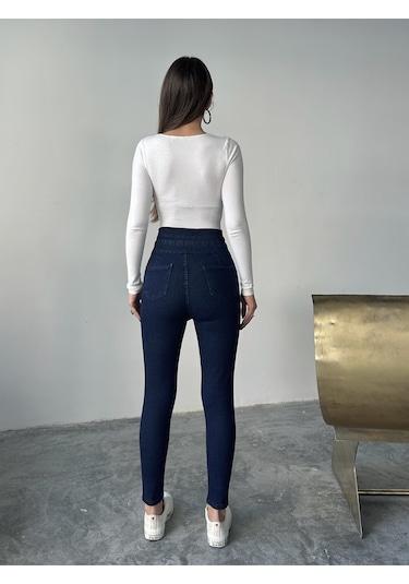 Kadın 3 Kemerli Yüksek Bel Kot Dar Paça Pantolon Lacivert
