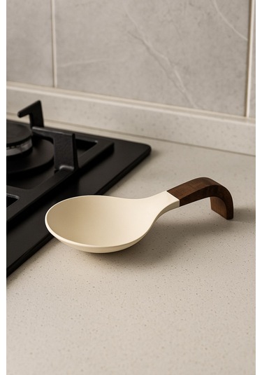 Masif Ahşap Saplı Kaşık Altlığı Modern Kepçe Tutucu, Minimal Mutfak Kaşıklık Standı 25 Cm Ahşap