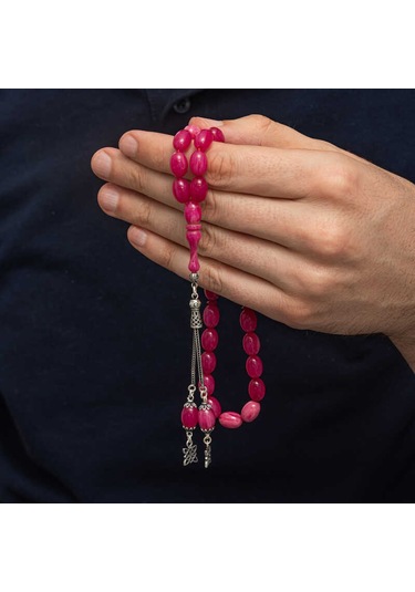 Gümüş Püsküllü Pembe Sıkma Kehribar Tesbih Sl12596 Gümüş