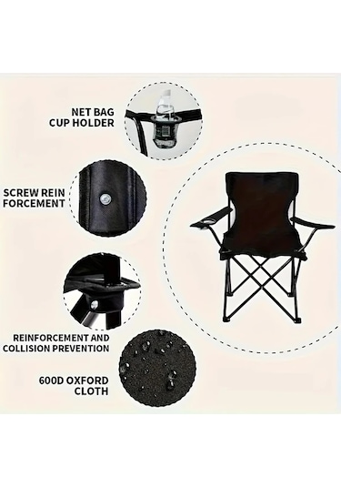 Gateesat Siyah Hafif Katlanır Plaj Sandalyesi Taşıma Çantası Ve Bardaklık Dayanıklı Çelik Siyah