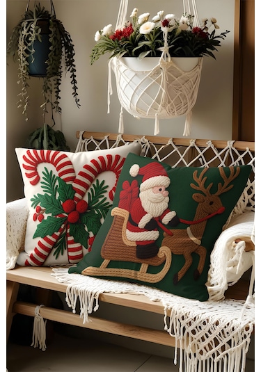 2 Li Yılbaşı Desenli, Çift Taraflı Baskı, Kırlent Kılıfı Seti Kırmızı - Yeşil