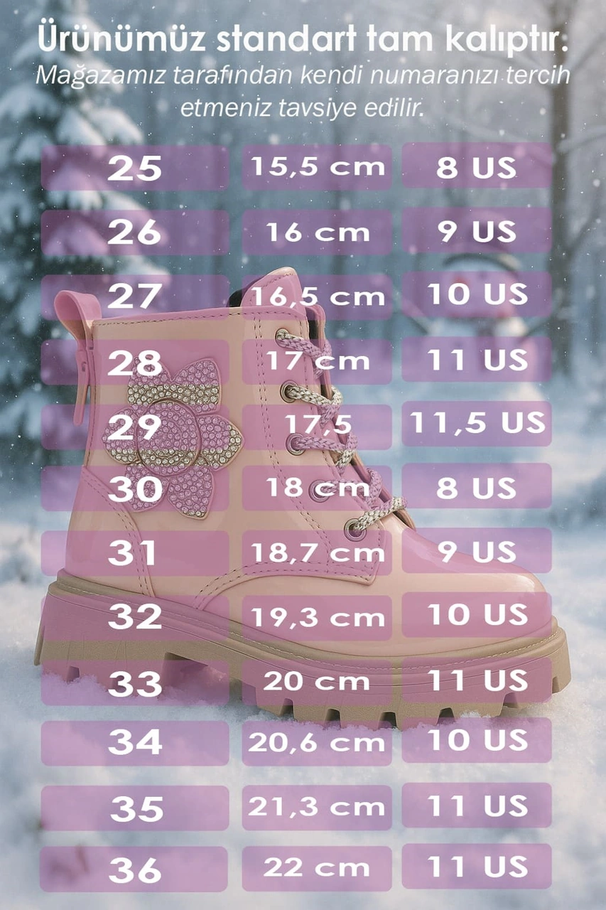 Günlük Çocuk Bot Rugan Çiçekli Taşlı Bağcıklı Fermuarlı Rugan Kalın Tıtrıklı Taban Bootie 600 Pudra - Rugan