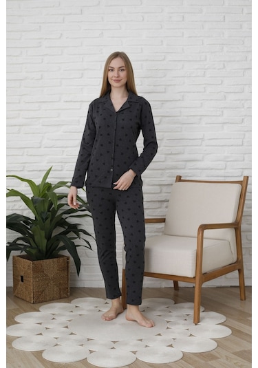 Fames Pijama Uzunkol Düğmeli Penye Pijama Takimi Kalpli Siyah