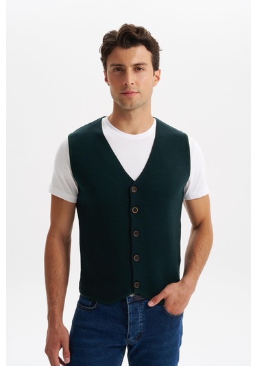 Arma Erkek Slim Fit Örme Likralı Pike Triko Yelek Kısa Kollu, %90 Akrilik %10 Wool K0yyo0858 Yeşil