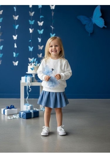 Zekids Kız Çocuk Pamuklu Mavi Çiçekli Sweatshirt-16554 Beyaz