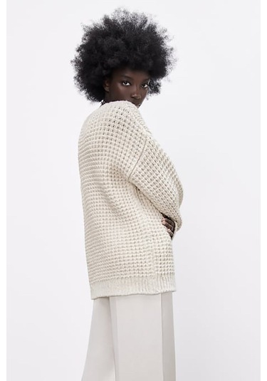 Madmext Ekru Oversize V Yaka Triko Kazak Mg1440