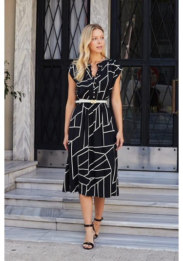 Kadın Yumuşak Dokulu İpeksi Modal Kumaş Hakim Yaka Beli Lastikli Önü Düğmeli Diz Altı Elbise-siyah Desen Siyah Dsn.