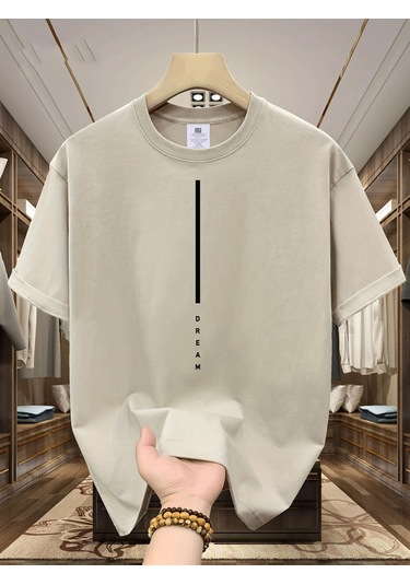 Guılan Erkek Yazlık %100 Pamuk Rahat Spor Tişört - Rüya Mektup Baskılı Kısa Kolluhaki Haki