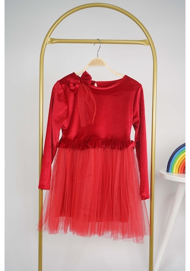 Kız Çocuk Yılbaşı Temalı Eteği Tül Astarlı Tokalı Kadife Uzun Kol Elbise Kırmızı
