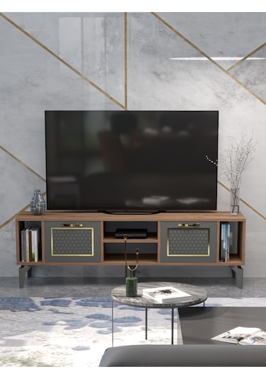 Tv Sehpası 160 Cm Modern Çok Amaçlı Dolaplı Raflı Televizyon Ünitesi Linya Gold Antrasit Ceviz