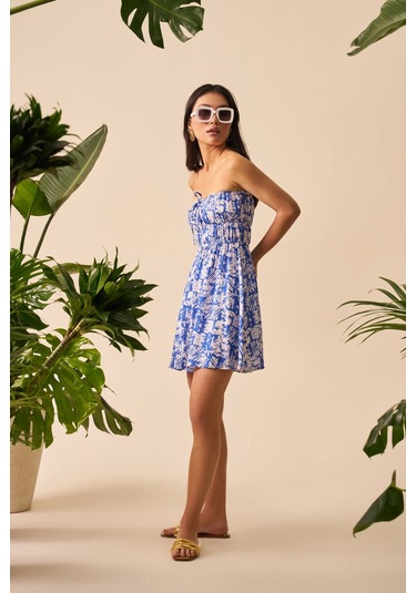 Straplez Form Mini Elbise Mavi