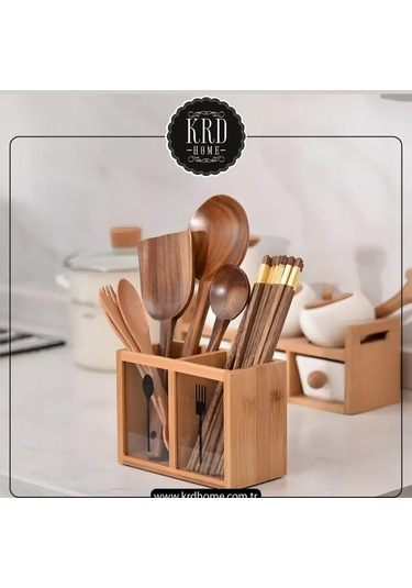 Tezgah Masa Üstü Iki Bölmeli Bambu Kaşıklık Organizer Düzenleyici
