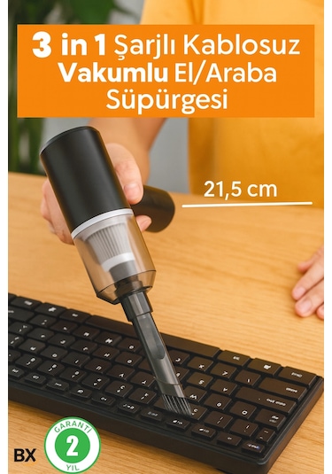 3 İn 1 Şarjlı Kablosuz Vakumlu El Süpürgesi Araç, Ev Ve Ofis İçin Güçlü Taşınabilir Mini Elektrikli Süpürge