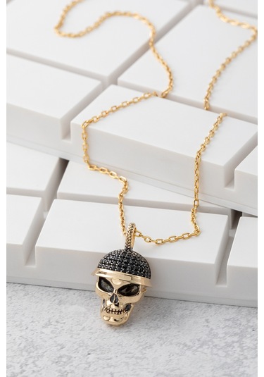 Cenova Kuyumculuk 14 Ayar Altın Siyah Taşlı Kafatası Figürlü Erkek Kolye