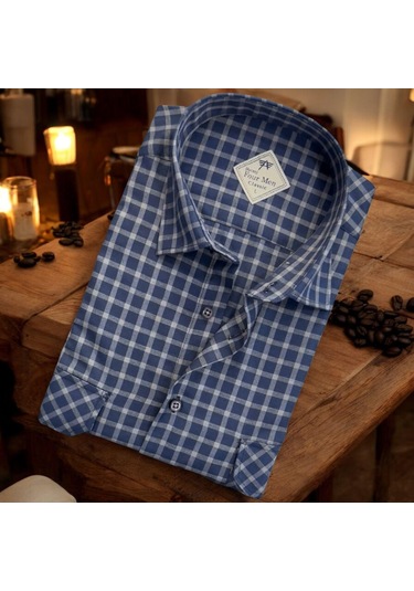 Linen Keten Klasik Kısa Kollu İki Cepli Kapaklı Mavi Baba Gömleği Regular Kalıp -10283 Mavi