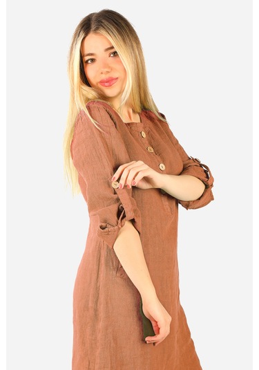 Keten Midi Elbise Kahverengi