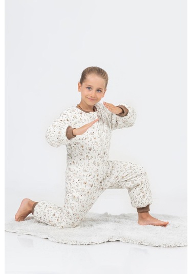 Kız Erkek Çocuk Kalın Elyaf Dolgulu Premium Kalite 2.5 Tog Desenli Uyku Tulumu Ekru - Kahverengi