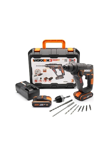 Worx WX390.1 20V 2.0Ah Li-ion Profesyonel SDS-Plus Pnömatik Çift Akülü Şarjlı Matkap + 8 Adet Uç + Mandren