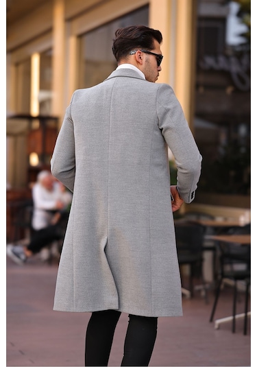 Erkek Açık Gri Dar Kesim Uzun Yün Karışımlı Kaşe Kaban Açık Gri