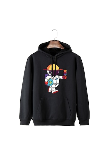 Unisex Siyah Kapüşonlu Astronot Baskılı Slim Fit Kanguru Cepli Sweatshirt Siyah
