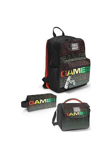 Coral High Siyah Gri Gamer Desenli 3 Lü Okul Çanta Seti Set0123640