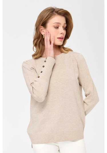 Desen Triko Kadın Sıfır Yaka Önü Kısa Arkası Uzun Bluz 23331 Bej
