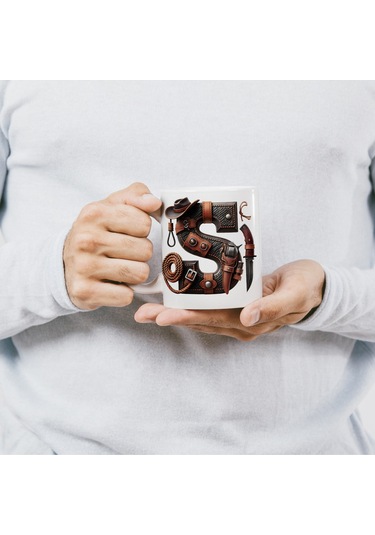 S Harfi Kovboy Temalı Bardak 330 Ml İsim / Harf Kişiye Özel Hediye - Vahşi Batı Konsept Beyaz