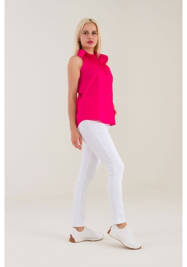 Bold & Young Kadın Fuşya Kolsuz Omuz Açık Likralı Poplin Gömlek 9208 Fuşya