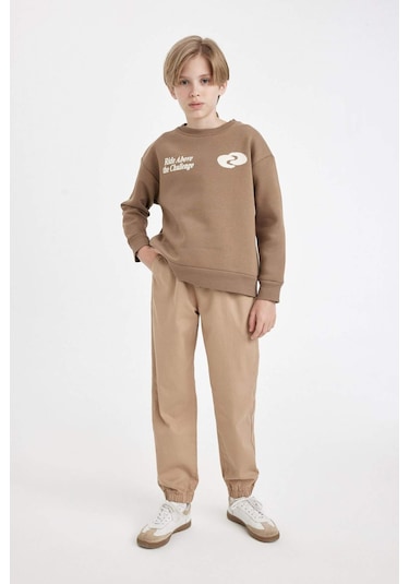 DeFacto Erkek Çocuk Beli Bağcıklı Lastikli Paça Cepli Basic Düz Jogger Gabardin Pantolon A9395A824WNBG219