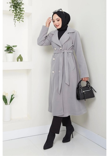Kadın Polar Kaşe Uzun Kaban / M0107 - Gri Gri
