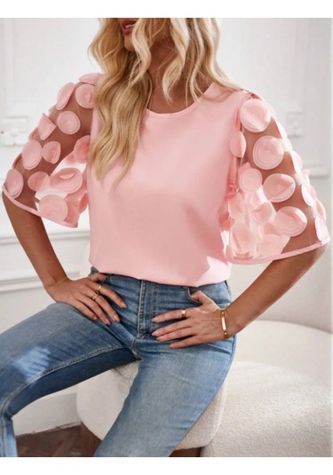 Anatoliadelight Kadın Dantel Uzun Kollu Bluz - Yaz Ve Sonbahar Moda Gömlek Pembe L