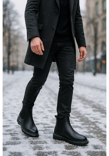 Growish Gre0157-3 Hakiki Deri Kaydırmaz Koku Yapmaz Kalın Taban Chelsea Üst Kalite Bot Siyah