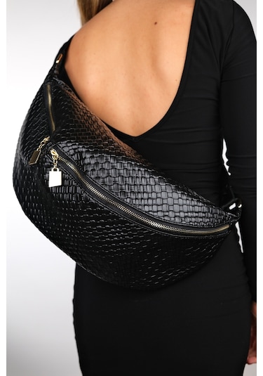 Luvishoes Venta Siyah Örgü Kadın Büyük Bel Çantası Siyah
