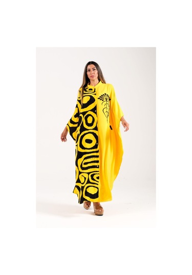 Kadın Sarı Sıfır Yaka Desen Garnili Nakışlı Cepli Oversize Uzun Elbise - Sarı