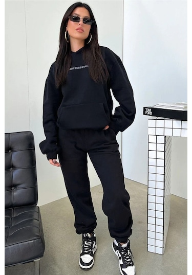 Thatssofetch Eşofman Takımı Sweatshirt Jogger - Siyah Baskılı Oversize Şardonlu Kapüşonlu Koyu Siyah-265251
