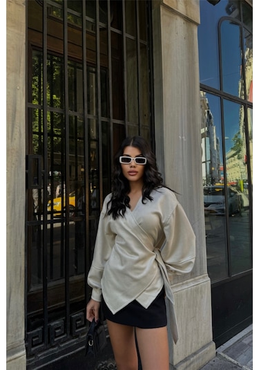 Süet Kruvaze Bluz Bağlama Detaylı - Taş Altın