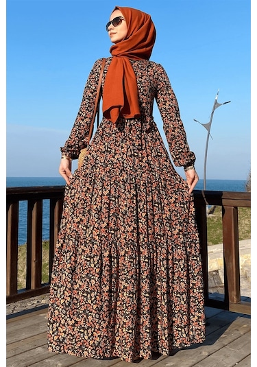 Güzide Yaprak Desenli Elbise Turuncu Normal