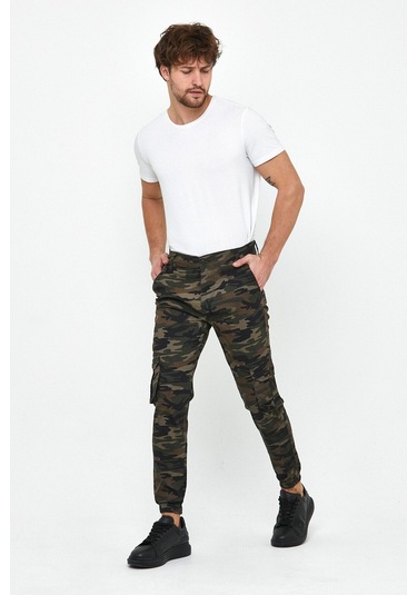 Slim Fit Körüklü Cep Paça Lastikli Esnek Kumaş Erkek Kargo Pantolon haki