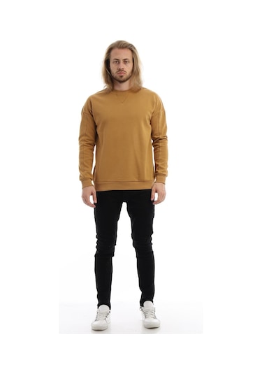 Erkek Bisiklet Yaka Karyoka Dikişli Sweatshirt Kahverengi