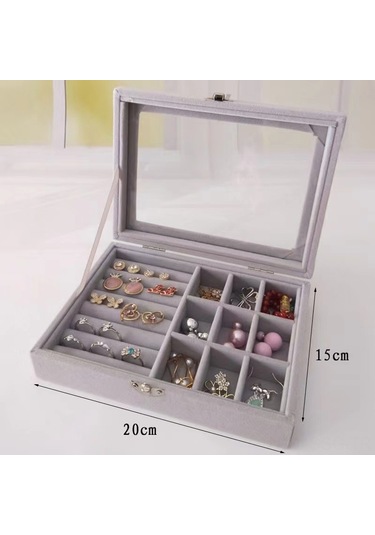 Springsun Gri Yeni Model Kadife Kapaklı Toz Koruyucu, Metal Paslanmayan Yüzük-küpe-çiçek Takı Saklama Kutusu 20x15.5x5 Cm Gri