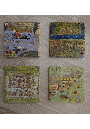 Matrakçı Nasuh Minyatürleri Doğal Taş Bardak Altlığı 4'lü Set - Natural Stone Coasters - Taş Çok Renkli
