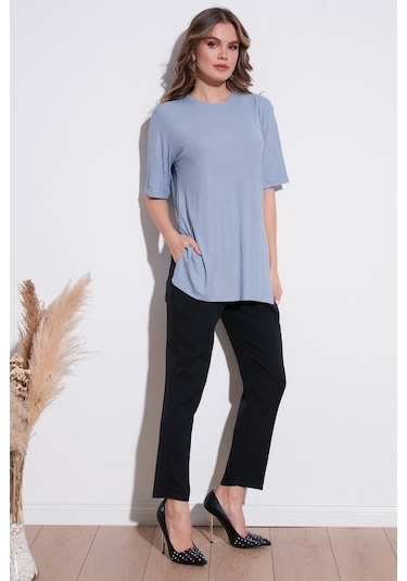 Lela Oversize Bisiklet Yaka Yırtmaç Detaylı Bayan Bluz 5863683 Bebe Mavi