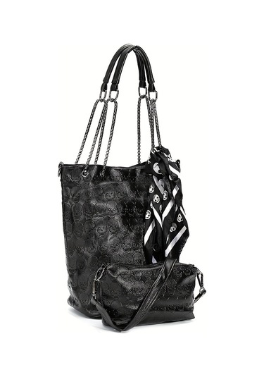 Eşarp Dekorlu Gotik Kafatası Kabartmalı Tote Çanta Siyah
