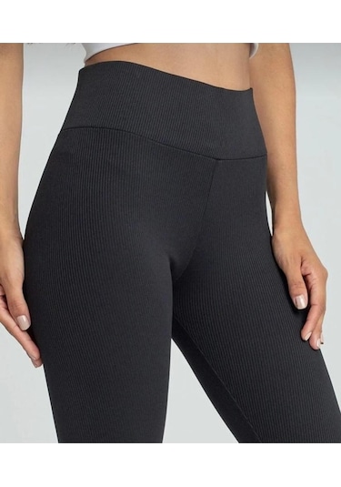 Misschic Kadın Siyah Yüksek Bel Içi Polarlı Şardonlu Fitilli Termal Tayt Siyah