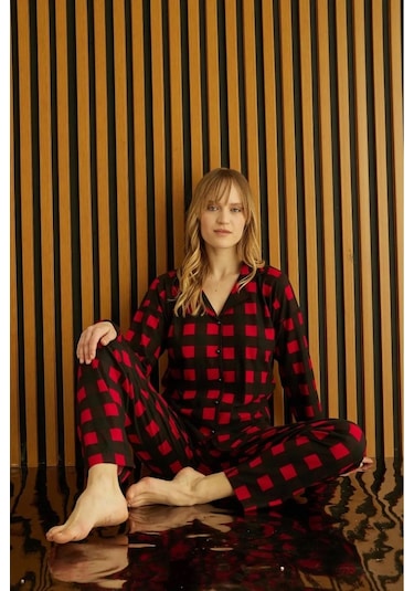 Pijamoni Kadın Süet Önden Düğmeli Likralı Pijama Takımı 3k - 1 Adet Kırmızı