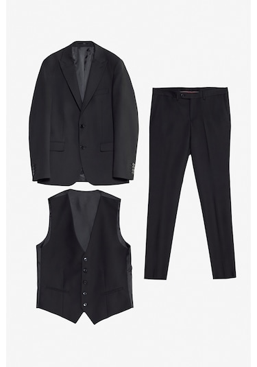 AC&Co / Altınyıldız Classics Erkek Sıyah Slim Fit Dar Kesim Kırlangıç Yaka Kapak Cepli Yelekli Takım Elbise Siyah