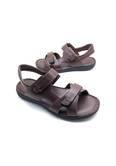 Derilax Büyük Numara Hakiki Deri Ortopedik Erkek Sandalet Kahve Kahverengi